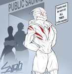 bodily_fluids bodypaint eyes_closed face_paint female group male navel public sauna sign solo_focus standing sweat text towel towel_only sypherus bioware electronic_arts mass_effect maxilio_arrusso alien alien_humanoid asari humanoid turian 2022 english_text hi_res