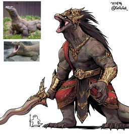 5_fingers 5_toes anthro armband armor belt black_hair bodily_fluids bottomwear clothing creature_and_personification crown empty_eyes feet fingers hair headgear holding_melee_weapon holding_object holding_sword holding_weapon jewelry loincloth long_hair male melee_weapon nails necklace open_mouth photo_reference saliva sharp_nails simple_background solo standing sword text toes twitter_handle vambrace weapon white_background gegegekman komodo_dragon lizard monitor_lizard reptile scalie 2026 absurd_res artist_name hi_res