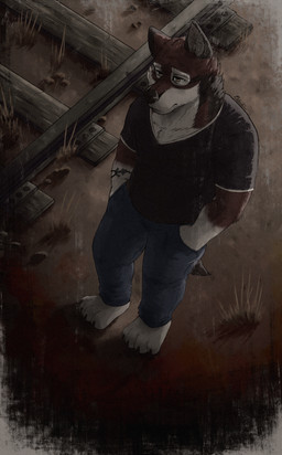 anchor_symbol anthro bracelet clothed clothed_male clothing hands_in_both_pockets jewelry male male_anthro outside railway_track solo standing y0ku_drake echo_(game) echo_(series) echo_project leo_alvarez canid canine canis mammal red_wolf wolf 2021 absurd_res dated hi_res