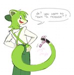 anthro bottomwear chastity_key clothed clothing dialogue dipstick_tail dress_shirt fangs fully_clothed gloves_(marking) green_body green_bottomwear green_clothing green_pants keyring long_snout long_tail markings open_mouth orange_tongue pants shirt simple_background snout solo speech_bubble suspenders tail tail_markings teeth tongue topwear kint haye_(kint) mammal mustelid musteline stoat true_musteline weasel colored nonbinary_(lore)