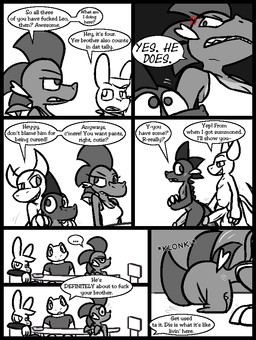 2_horns anthro anthro_on_anthro balls big_balls big_penis blush breasts chair claws cleavage clenched_teeth clothed clothing cross-popping_vein cute_fangs dialogue embarrassed erection fangs finger_claws furniture genitals grin hands_together horn humanoid_genitalia humanoid_penis imminent_sex jacket male male/male motion_lines onomatopoeia open_mouth penis profanity sharp_teeth shirt side_view smile sound_effects speech_bubble table teeth text topwear ultilix european_mythology mythology caspar_(ultilix) emerald_(ultilix) ruby_(ultilix) to-be-named-later wes_(ultilix) amphibian demon dragon frog lagomorph leporid mammal mythological_creature mythological_scalie rabbit scalie western_dragon 2025 comic english_text greyscale monochrome multiple_scenes spot_color brother_(lore) brother_and_sister_(lore) sibling_(lore) sister_(lore)