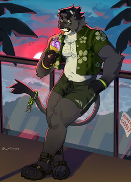 3_toes 5_fingers aloha_shirt ambient_silhouette anthro athletic black_claws black_nose body_hair bottomwear brown_eyes chest_hair claws clothed clothing ear_piercing eyewear feet fingers food footwear fur green_bottomwear green_clothing green_shirt green_shorts green_topwear grey_body grey_fur hair hand_in_pocket ice_cream_cone keyring leaning_on_wall male multicolored_body multicolored_fur navel open_clothing open_shirt open_topwear palm_tree pattern_clothing pattern_shirt pattern_topwear piercing plant pockets ring sandals sea seaside shirt shoes shorts sign solo sunglasses sunset swimming_trunks swimwear text toes tongue tongue_out topwear tree water white_body white_fur wristband chivess adidas ambient_arthropod ambient_bird ambient_crab ambient_crustacean ambient_sealife felid mammal pantherine 2025 digital_media_(artwork) digital_painting_(artwork) english_text hi_res painting_(artwork) watermark