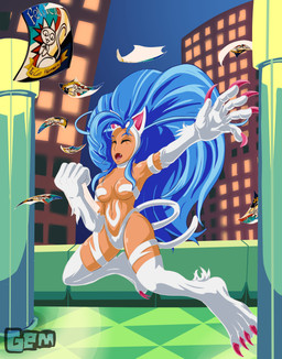 big_hair blue_hair city claws convenient_censorship female fur hair handpaw lamp night passing_cards paws pink_claws pointy_ears poster skipping solo street_lamp tail white_body white_fur geminart capcom darkstalkers felicia_(darkstalkers) domestic_cat felid feline felis humanoid mammal 2025 absurd_res digital_drawing_(artwork) digital_media_(artwork) digital_painting_(artwork) hi_res painting_(artwork)