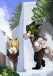 anthro clothing cloud day duo male outside school_uniform sky stairs uniform wall_(structure) young young_anthro umani furiorid harvic canid canine canis domestic_cat felid feline felis mammal wolf 2015