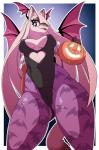 anthro back_wings bat_(shape) blue_eyes breasts clothing costume creature_print female food fruit head_wings holidays jack-o'-lantern kemono leggings legwear pattern_clothing pattern_leggings pattern_legwear plant print_clothing print_leggings print_legwear pumpkin solo unusual_wing_placement wings cakewasgood halloween bat felid mammal hi_res