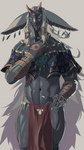 anthro biped blue_eyes clothed clothing front_view grey_background grey_body hair jewelry long_hair male navel simple_background solo white_hair niku405 nintendo tears_of_the_kingdom the_legend_of_zelda rauru_(tears_of_the_kingdom) zonai hi_res