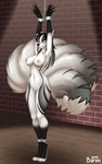2022 9_tails absurd_res anthro arms_above_head blue_eyes bound breasts canid canine cuff_(restraint) felicity_(darkwing127) female fluffy fluffy_tail fox fur genitals handcuffed handcuffs hands_tied hi_res looking_at_viewer mammal metal_cuffs multi_tail nipples pink_nipples pussy restraints solo standing tail thehashbaron white_body white_fur