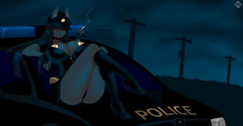 anthro bangs big_breasts black_hair blunt_bangs boots breasts car cigarette clothing female footwear gun hair high_heeled_boots high_heels latex long_hair night on_hood panties police ranged_weapon shoes smile smoke smoking solo underwear vehicle weapon yellow_eyes razplus rhaja_aaruna anubian_jackal canid canine canis jackal mammal hi_res