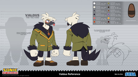 anthro beak brown_clothing brown_footwear brown_shoes clothed clothed_anthro clothing color_swatch dipstick_beak eyebrows eyewear feathers footwear front_view gloves green_clothing green_suit handwear head_tuft jewelry logo male monocle necklace purple_eyes rear_view shoes solo standing suit suit_jacket tail tail_feathers text thick_eyebrows tuft white_body white_clothing white_feathers white_gloves white_handwear deegeemin idw_publishing sega sonic_the_hedgehog_(comics) sonic_the_hedgehog_(idw) sonic_the_hedgehog_(series) sonic_the_hedgehog valdus_the_vulture vector_the_crocodile accipitriform avian bird vulture 16:9 2025 absurd_res character_name hi_res model_sheet official_art widescreen