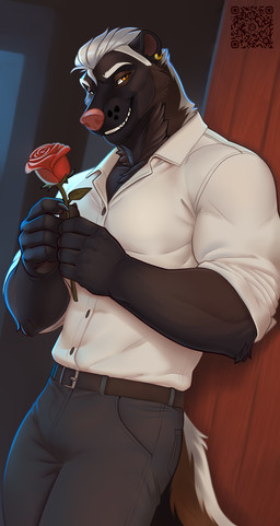 5_fingers anthro black_body black_claws black_fur bottomwear claws clothing ear_piercing eyebrows fingers flower fur hair holding_flower holding_object holding_rose inside looking_at_viewer male male_anthro muscular muscular_anthro muscular_male pants piercing pink_nose plant qr_code red_rose rose_(flower) shirt short_hair snout solo tail teeth topwear white_clothing white_eyebrows white_shirt white_topwear yellow_eyes fleki mammal mephitid skunk colored digital_drawing_(artwork) digital_media_(artwork) hi_res shaded