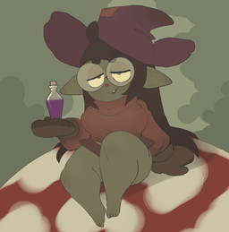 eyewear female glasses green_body green_skin humanoid_pointy_ears magic_user not_furry pointy_ears potion_bottle solo wearing_glasses witch weeeeps goblin humanoid hi_res
