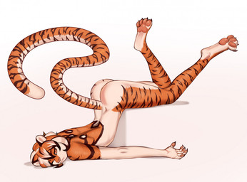4_toes 5_fingers anthro black_body black_hair black_stripes butt claws countershading feet female fingers fur hair looking_at_viewer lying markings multicolored_body multicolored_fur multicolored_hair nude nude_anthro on_front one_eye_closed orange_body orange_eyes orange_fur orange_hair pawpads paws pink_pawpads simple_background smile solo striped_body striped_fur stripes tail toe_claws toes white_background white_body white_fur white_hair white_markings flururu arknights hypergryph studio_montagne waaifu_(arknights) felid mammal pantherine tiger digital_media_(artwork) hi_res