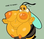 antennae_(anatomy) anthro areola big_breasts breasts female genitals half-closed_eyes huge_breasts narrowed_eyes navel neck_tuft nipples non-mammal_breasts nude open_mouth orange_areola orange_nipples pussy solo text thick_thighs tuft wings tha_randomu bug_fables moonsprout_games queen_bianca_(bug_fables) arthropod bee hymenopteran insect english_text hi_res