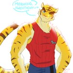 anthro big_muscles blue_bottomwear blue_clothing blue_eyes blue_pants blush bottomwear clothed clothing heart_symbol light looking_at_viewer male muscular pants shirt simple_background solo standing tank_top text topwear white_background kemmuono morenatsu torahiko_(morenatsu) felid mammal pantherine tiger 1:1 2020 english_text hi_res