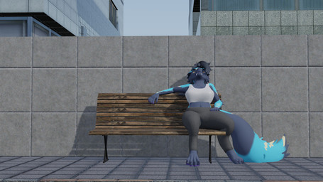 anthro arm_markings bench big_breasts black_body black_claws black_fur black_hair blue_body blue_fur bra breasts building claws clothed clothed_anthro clothed_female clothing concrete_wall facial_markings female fluffy fluffy_tail forehead_markings fur furniture grey_sweatpants hair hair_over_eye head_markings looking_to_sky looking_up markings midriff navel no_sclera on_bench pawpads purple_pawpads sidewalk sitting sitting_on_bench sky snaggle_teeth snaggle_tooth solo sports_bra tail tail_markings teeth underwear wall_(structure) white_bra white_clothing white_sports_bra white_underwear wood wood_bench wood_furniture yellow_eyes yellow_markings k'braid nicoreda_(modeler) blender_eevee mythology sevan_(k'braid) dergodal dragon furred_dragon furred_drake furred_scalie mythological_creature mythological_scalie scalie 16:9 3d_(artwork) blender_(artwork) digital_media_(artwork) hi_res widescreen
