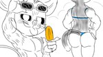 anthro big_butt black_sclera butt duo eyewear female food huge_butt larger_female male male/female ogling popsicle size_difference smaller_male sunglasses white_eyes usury40 domestic_cat felid feline felis humanoid mammal mouse murid murine rodent 16:9 hi_res widescreen