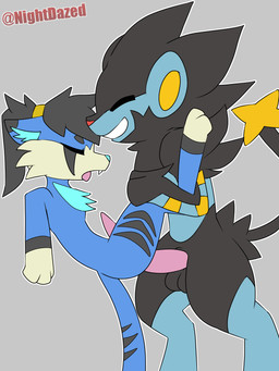 against_surface against_wall anal anthro balls black_balls black_body black_fur black_hair blue_body blue_fur blue_nose duo eyes_closed fangs fluffy fluffy_chest fur genitals grin hair holding_both_legs legs_up male male/male open_mouth penis pink_penis ponytail red_nose smile star_tipped_tail tapering_penis teeth tongue tongue_out yellow_body yellow_fur nightdazed nintendo pokemon generation_4_pokemon luxray pokemon_(species) 2025 2d_animation 3:4 animated digital_media_(artwork) frame_by_frame hi_res loop watermark