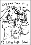anthro beverage big_eyes black_border border canid canine clothed clothing coffee derp_eyes english_text female food hoodie mammal monochrome solo text topwear zeriara
