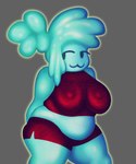 big_breasts blue_body blue_skin bottomwear breasts cat_smile clothing crop_top female glistening glistening_body halter_top nipple_outline overweight shirt shorts slightly_chubby solo thick_thighs topwear wide_hips clovezone goo_creature humanoid hybrid