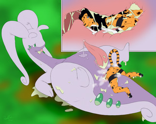ambiguous_gender anal anal_vore animal_genitalia anthro anus bodily_fluids duo erection feet genital_fluids genital_slit genitals head_first internal larger_pred looking_pleasured lying male male/ambiguous on_back on_model pawpads paws penis precum size_difference slime soles tail tapering_penis thick_tail toes tongue tongue_out vore ranthfox nintendo pokemon felid feline generation_6_pokemon goo_creature goodra leopard mammal pantherine pokemon_(species) hi_res