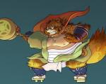 anthro asian_clothing belly big_belly clothed clothing crouching east_asian_clothing fundoshi hammer japanese_clothing jewelry male musclegut muscular muscular_anthro muscular_male necklace nipples overweight overweight_anthro overweight_male robe scar solo tattoo tools underwear baku_hosamo lifewonders tokyo_afterschool_summoners gyobu_(tas) canid canine mammal raccoon_dog tanuki