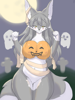 anthro biped blush breasts female fingers front_view fur hair holidays moon nude nude_anthro nude_female outside sky solo standing tail coel_(artist) halloween canid canine canis mammal wolf absurd_res hi_res