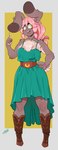 anthro belt blush boots breast_squish breasts clothing dress eyewear female footwear glasses green_eyes hair hand_on_hip open_mouth pink_hair ring shoes smile solo squish chalo las_lindas taffy_(las_lindas) lagomorph leporid mammal rabbit hi_res