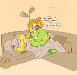 anthro band-aid band-aid_on_arm bandage bed_sheet bedding bottomwear brown_hair canon_couple clothed clothing cuddling dialogue duo fangs fur furniture green_body green_clothing green_fur green_hair green_shirt green_tank_top green_topwear hair hand_on_hand hand_on_shoulder heart_after_text heart_symbol inside lamp lying lying_on_sofa male male/male on_side on_sofa pawpads pillow pink_bottomwear pink_clothing pink_shorts purple_nose purple_pawpads red_nose red_pawpads romantic romantic_couple scar sharp_teeth shirt shorts simple_background sofa speech_bubble tank_top teeth text topwear under_covers yellow_background yellow_body yellow_fur shaibey bugsnax young_horses chandlo_funkbun snorpington_fizzlebean grumpus 2022 digital_media_(artwork) english_text hi_res procreate_(artwork) sketch
