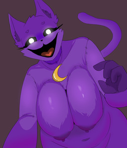 4_fingers anthro areola big_breasts biped black_nose black_sclera breasts cheek_tuft crossgender eyebrows eyelashes facial_tuft female female_anthro fingers fur glistening glistening_breasts gloves_(marking) glowing glowing_eyes hanging_breasts inner_ear_fluff jewelry looking_at_viewer markings mtf_crossgender navel necklace nipples nude nude_anthro nude_female open_mouth open_smile pointy_ears prick_ears purple_areola purple_body purple_eyebrows purple_fur purple_inner_ear_fluff purple_nipples purple_tail simple_background smile solo stitch_(sewing) tail tongue tuft white_eyes killer._ez mob_entertainment poppy_playtime smiling_critters catnap_(poppy_playtime) domestic_cat felid feline felis mammal 2025 digital_drawing_(artwork) digital_media_(artwork) hi_res