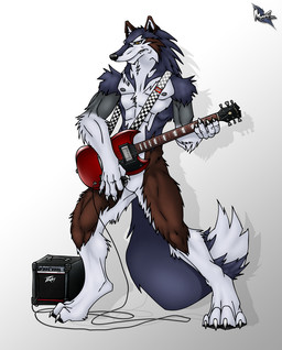amplifier anthro electric_guitar guitar holding_guitar holding_musical_instrument holding_object male music musical_instrument playing_guitar playing_music plucked_string_instrument simple_background solo speaker string_instrument tail white_background maglot dickies gibson peavey_electronics_corporation canid canine canis mammal wolf 2007 hi_res