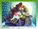 2016 absurd_res animal_genitalia anthro anus arm_support bent_over big_butt biped blue_eyes bodily_fluids butt clothing cum cumshot digital_media_(artwork) ejaculation english_text erection footwear genital_fluids genital_slit genitals green_yoshi hi_res holding_fixture looking_back male mario_bros mario_kart motorcycle nintendo open_mouth orgasm penis raised_leg rear_view scalie shoes smile solo spread_legs spreading tapering_penis text thesecretcave vehicle yoshi