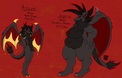 anthro bat_ears bat_wings belly black_body black_fur black_hair breasts claws duo female fur genitals golden_markings grey_body grey_fur hair horn male markings married_couple membrane_(anatomy) membranous_wings neck_tuft nipples overweight overweight_anthro penis red_eyes red_flesh red_markings romantic romantic_couple tail text tuft vulva wings raccoond00m mythology azazel_(character) jezaria_(character) dragon furred_dragon furred_scalie mythological_creature mythological_scalie scalie vampire_dragon english_text hi_res model_sheet