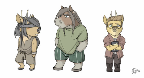 blindfold brown_hair clothed clothing fur green_eyes grey_hair group grumpy hair male simple_background tan_body tan_fur white_background falcar bovid caprine deer equid equine horse mammal 2013