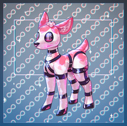 ambiguous_gender ankle_cuffs black_collar black_cuffs black_harness black_hooves black_nose collar collar_tag cuff_(restraint) feral glistening glistening_body glistening_latex harness hooves infinity_symbol latex latex_body pink_body restraints screen_eyes scut_tail short_tail snout solo sparkles standing symbol tail unguligrade white_body wrist_cuffs mintychipart nintendo pokemon rubbermon deerling generation_5_pokemon latex_creature pokemon_(species) spring_deerling 2025 digital_drawing_(artwork) digital_media_(artwork) full-length_portrait hi_res krita_(artwork) portrait shaded