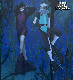 3d_background algae anthro arecibo_message belt black_hair blue_bodysuit blue_clothing blue_eyes blue_skinsuit bodysuit buckle clothing diving_fins diving_mask diving_weights duo exposed_teeth fangs fur gloves grey_hair hair hair_over_eye handwear holding_breath jewelry latex latex_clothing latex_skinsuit logo long_hair male male/male mask messy_hair multiple_poses necklace neoprene orange_eyes pose purple_clothing purple_hair purple_skinsuit scuba_diver scuba_gear seaweed shark_tooth_necklace short_sleeves skinsuit smile smirk snorkel snorkel_in_mouth snorkeling tail teal_bodysuit teal_clothing teal_skinsuit teeth tight_clothing underwater water wearing_mask wetsuit white_body white_fur zipper ibisskb makani_(ibisskb) spike_(ibisskb) aquatic bear domestic_cat felid feline felis fish hybrid mammal shark 3d_(artwork) artist_logo digital_media_(artwork) full-length_portrait hi_res mixed_media portrait watermark