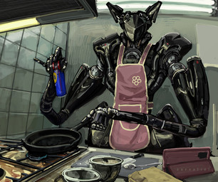 animal_ears apron black_body clothing holding_object inside kitchen machine not_furry pan solo zarzaliel humanoid robot robot_humanoid absurd_res hi_res