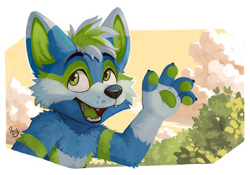 anthro black_nose blue_body blue_fur cloud fangs front_view fur gesture glistening glistening_eyes green_eyes green_hair green_markings green_tongue grey_body grey_fur grey_hair hair logo male markings multicolored_hair nude open_mouth open_smile orange_sky outside pawpads short_hair sky smile solo teeth tongue two_tone_hair waving young young_anthro young_male pandapaco canid canine mammal artist_logo half-length_portrait portrait signature