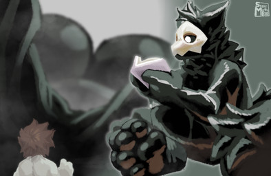 anthro black_body black_fur book duo feet foot_fetish fur latex male mask micro nano pawscape reading reading_book supermattym8 changed_(video_game) colin_(changed) puro_(changed) canid canine canis goo_creature mammal wolf hi_res