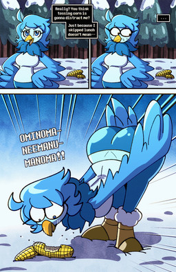 anthro big_butt blue_body boots bottomwear breasts butt clothing corn dialogue eating eating_food feathered_wings feathers female food footwear head_empty medium_breasts non-mammal_breasts pants plant shirt shoes solo text text_box topwear wings sachasketchy undertale_yellow martlet_(undertale_yellow) avian bird 2025 animated animated_comic comic digital_media_(artwork) english_text