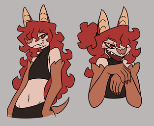 ambiguous_gender anthro black_bottomwear black_clothing black_crop_top black_shirt black_topwear blush blush_lines bottomwear brown_body brown_fur brown_tail clothing colored_nails crop_top fangs fur hair looking_at_viewer markings mole_(marking) nails navel open_mouth ponytail red_eyes red_hair red_nails shirt smile solo tail tan_body teeth topwear yellow_sclera nerdyreindeer bat mammal 2025