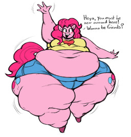 4_fingers anthro belly big_belly breasts clothed clothing cutie_mark fat_legs female fingers gesture hair heart_symbol huge_hips huge_thighs motion_lines navel obese obese_anthro obese_female open_mouth open_smile overweight overweight_anthro overweight_female pink_body pink_hair simple_background smile solo tail text thick_thighs waving waving_at_viewer white_background wide_hips kaboodles friendship_is_magic hasbro my_little_pony pinkie_pie_(mlp) equid equine horse mammal pony 2026 english_text hi_res