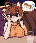 acorn animal_humanoid arc_system_works average-hanzo big_breasts blazblue blush breast_rest breasts clothing female food fruit grin hand_on_cheek humanoid looking_at_viewer makoto_nanaya mammal mammal_humanoid not_furry nut_(fruit) plant question_mark rodent rodent_humanoid sciurid sciurid_humanoid smile solo speech_bubble sweater topwear tree_squirrel tree_squirrel_humanoid