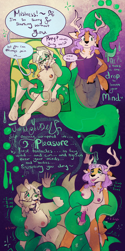 anthro antlers aroused aroused_face balls bdsm bodily_fluids bottomwear breasts clothing collar confusion cum cumshot duo ejaculation erection eyewear genital_fluids genitals glasses gradient_background green_tentacles gynomorph gynomorph/gynomorph hair horn humanoid_genitalia humanoid_penis hypnosis intelligence_loss intersex intersex/intersex looking_pleasured lustful_gaze mind_control mistress nervous nipples pants penis purple_background purple_hair restrained restrained_by_tentacles sex shirt simple_background sitting submissive submissive_anthro submissive_gynomorph submissive_intersex t4t tentacle_around_breast tentacle_sex tentaclejob tentacles text tongue tongue_out topwear unsure wearing_glasses unlicensed canid canine canis deer domestic_dog mammal 2024 absurd_res english_text hi_res trans_(lore) trans_woman_(lore)