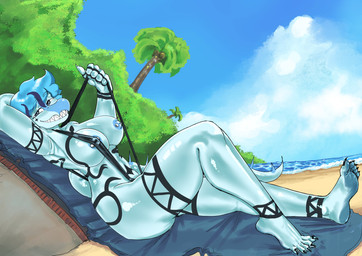 5_fingers 5_toes anthro areola barbell_piercing beach beach_towel bedroom_eyes big_breasts black_sling_bikini blue_body blue_eyes blue_hair blue_highlights blue_scales blue_sky body_tattoo breasts claws clothing curvy_figure day detailed_background eyelashes feet female finger_claws fingers glistening glistening_arms glistening_body glistening_breasts glistening_legs glistening_scales glistening_tail glistening_thighs hair hand_behind_head highlights_(coloring) hourglass_figure huge_hips huge_thighs long_tail looking_at_viewer lounging medium_hair multicolored_hair narrowed_eyes nipple_barbell nipple_piercing nipple_slip nipples one-piece_swimsuit outside palm_tree piercing plant scales sea seaside seductive sharp_teeth sky sling_bikini sling_bikini_pull smile solo spiked_tail spikes spikes_(anatomy) swimwear tail tattoo teeth thick_thighs toe_claws toes towel tree two_tone_hair voluptuous voluptuous_anthro voluptuous_female water wide_hipped_anthro wide_hipped_female wide_hips sakamtosng goodbye_volcano_high ko_op_(game_developer) nick_(gvh) baryonyx dinosaur prehistoric_species reptile saurischian scalie spinosaurid theropod 2026 absurd_res digital_drawing_(artwork) digital_media_(artwork) hi_res