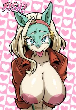 areola big_breasts blonde_hair blue_body breasts cleavage clothed clothing female hair huge_breasts inverted_nipples multicolored_body nipples puffy_areola shirt solo tongue tongue_out topwear two_tone_body paraiiaxfused my_hero_academia ippan_josei animal_humanoid canid canid_humanoid canine canine_humanoid fox_humanoid humanoid mammal mammal_humanoid quirked_human_(my_hero_academia) hi_res