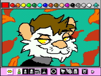 anthro art_program_in_frame brown_hair green_background hair leaf looking_at_viewer male pink_nose screencap simple_background smile smiling_at_viewer solo whiskers yellow_eyes rodricoro mario_paint fan_character american_opossum mammal marsupial virginia_opossum digital_media_(artwork) dithering headshot_portrait mario_paint_(artwork) portrait