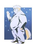 anthro bottomwear clothing electronics headphones humanoid_hands kemono male necktie overweight overweight_male pants shirt solo suit topwear inunoshippo canid canine canis domestic_dog mammal 2022 hi_res