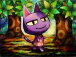 anthro clothed clothing dress noseless plant purple_body smile solo tree walking yellow_sclera cortoony animal_crossing nintendo bob_(animal_crossing) domestic_cat felid feline felis mammal 2013 digital_media_(artwork) digital_painting_(artwork) low_res painting_(artwork)