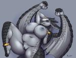 2015 anklet anthro areola bedroom_eyes belly big_breasts black_claws bracelet breasts claws clitoris countershading curvy_figure deep_navel digital_media_(artwork) dragon eiris fangs feet female fupa genitals grey_areola grey_background grey_body grey_countershading grey_eyes grey_hair grey_horn grey_pussy grey_scales grey_skin grey_spots hair half-closed_eyes hand_behind_head hand_on_breast hi_res horn jewelry long_fangs looking_at_viewer lying membrane_(anatomy) membranous_wings multicolored_hair mythological_creature mythological_scalie mythology nanodarkk narrowed_eyes navel nipples non-mammal_breasts nude one_leg_up overweight overweight_anthro overweight_female pinup plantigrade pose pupils pussy raised_leg scales scalie seductive signature simple_background slit_pupils small_feet smile solo spots teeth thick_thighs two_tone_hair voluptuous white_hair wings