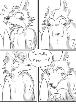 anthro arm_tattoo blush dialogue duo ear_twitch fangs female flattered looking_around looking_down male notched_ear scar smile surprised tattoo teeth text dragonweirdo beastars haru_(beastars) legoshi_(beastars) canid canine canis lagomorph leporid mammal rabbit wolf absurd_res comic english_text hi_res monochrome